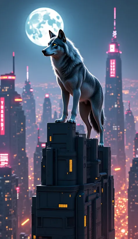 Realistic wolf on top of buildings in a futuristic city and it's nighttime