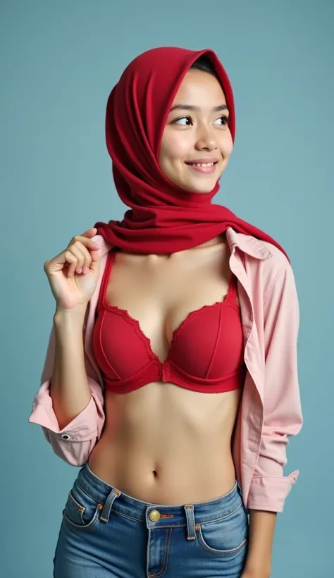 (High Resolution, High Details), very thin young girl, wearing red hijab, light red shirt, unbutton, big size red bra, big size breasts, flat stomach, low waist jeans, blue skinny jeans, one hand raised up, close up shot, light blue studio background.