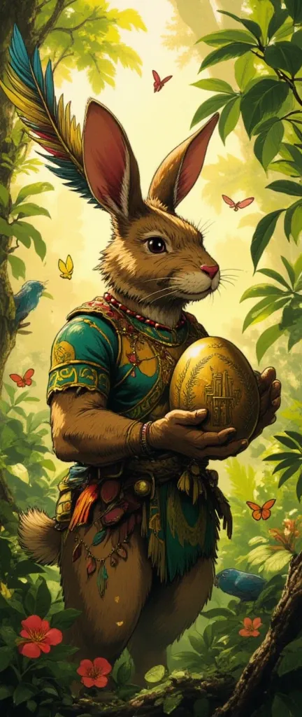 A hyper-realistic 16K cinematic scene of a majestic Brazilian Easter Bunny standing proudly in a lush Amazon rainforest. This powerful yet friendly rabbit has golden-brown fur with vibrant green and yellow markings inspired by the Brazilian flag. Adorned w...