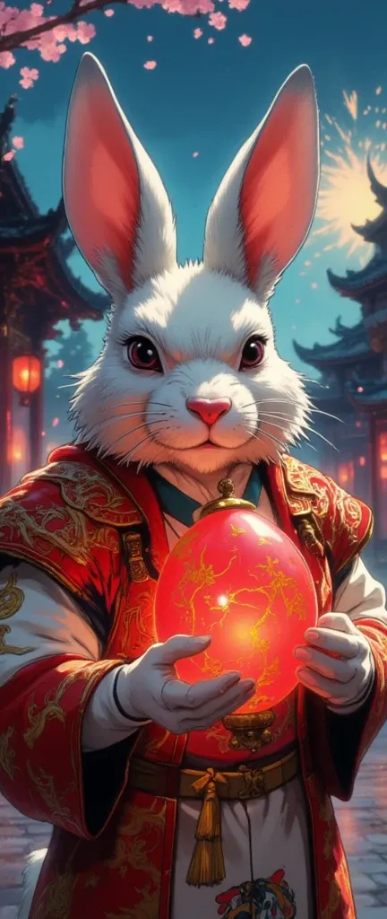 A hyper-realistic 16K cinematic scene of a mystical Chinese Easter Bunny in a stunning lantern-lit temple courtyard during the Mid-Autumn Festival. This majestic rabbit has silky white fur with red and gold embroidered patterns reminiscent of ancient Chine...