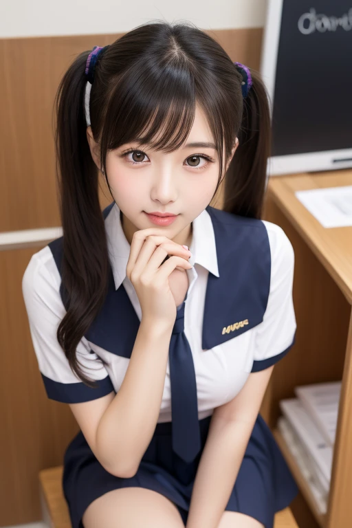  huge tits、 black hair、 twin tails、School、 cute woman sitting、、 superior、I only show my chest in my uniform