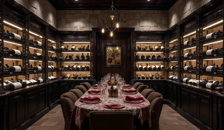 "Sophisticated wine cellar with temperature-controlled wine racks, a tasting table, and mood lighting. Stone walls and wooden accents create an old-world charm.