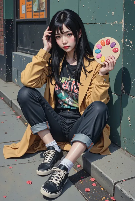 painting of a woman sitting in a curb with a candy like palette , she is sitting in front of the camera , sitting on the street cord , with her legs crossed , her arms resting on her knees , with one hand she grabs the candy palette , she has jet-bl...