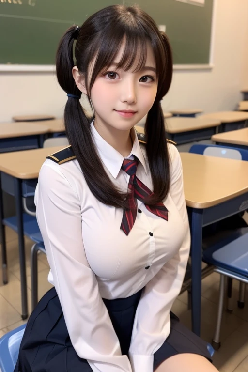  huge tits、 black hair、 twin tails、School、 cute woman sitting、、 superior、I only show my chest in my uniform、 boobs in full view