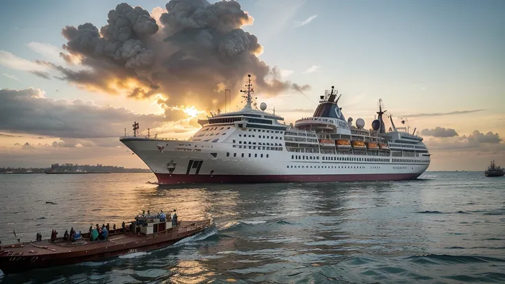 "A large passenger ship, KM Tampomas II, departs from Tanjung Priok harbor at sunset. The ship is overcrowded with people standing on the deck, waving to their families. The ocean reflects the golden hues of the setting sun, and the port is bustling with c...