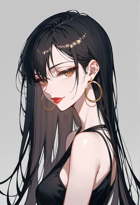 Artwork, , , Back view, Adult female, Single woman, Alone, Dark black hair, Long straight hair, Long hair, Short sharp bangs, Long strands with ear, Golden brown eyes, Half closed eyes, Devilish smile, Lipstick, Eyelashes, Full lips, Expressionless, Pale s...