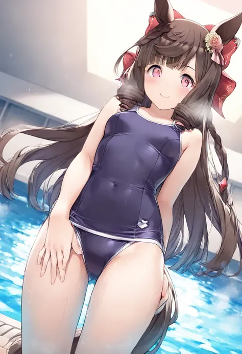 Daiichi Ruby ( Uma Musume )Daiichi Ruby \( Uma Musume \), 1 girl, horse ears, Horsetail, viewers, Horsetail, smile, viewers, standing, Uma Musume , 1 girl, horse ears, Horsetail, The viewers, competitive swimsuit, school swimsuit, Navy School Swimsuit, abs...