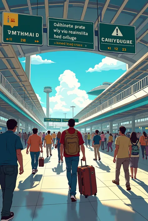 Image Description:  A wide shot of the NAIA terminal, with signs in English and Tagalog.  Dmitri (Russian man)is carrying a backpack and a slightly battered suitcase.**Comic style**