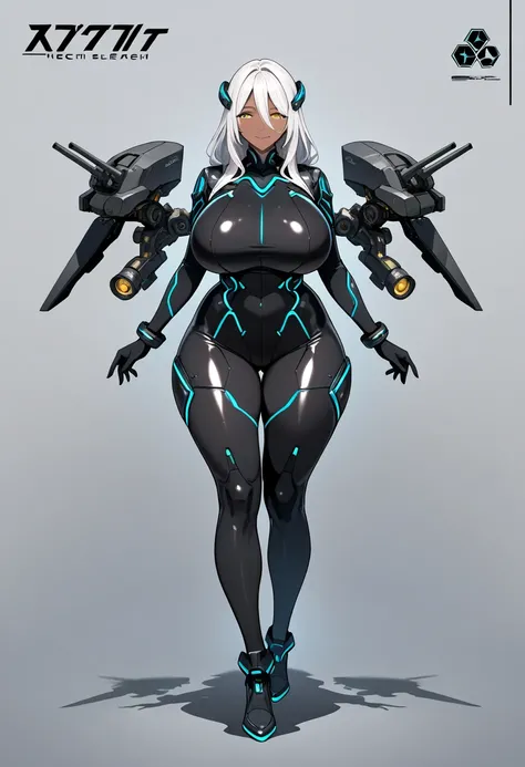 1girl, dark-skinned female, huge breasts, wide hips, thick thighs, white hair,  long hair, yellow eyes, smile, light smile, bodysuit, black bodysuit, futuristic, tech, science-fiction, neon, neon trim, pantyhose, black pantyhose, full body, ((full body)), ...