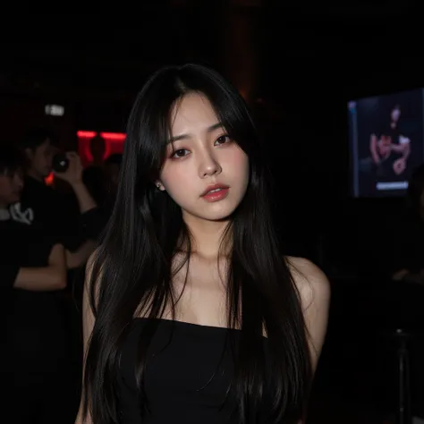 Real Korean girl, 28 years old. Really long, straight, messy black hair. Brown eyes. Dark circles under her eyes. Korean makeup on. Piercings in her ears. A  black dress on. Heavy, tired look. A shady, club background behind her