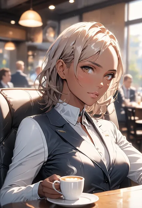 (Masterpiece), best quality, highly detailed CG unity 8k wallpaper, upper-body, original, high resolution,(depth of field: 1.5), solo, adult, female, MILF, motherly, medium-breasts, A tall tanned-skin, dark tan woman with a sharp jawline and pale-brown hai...