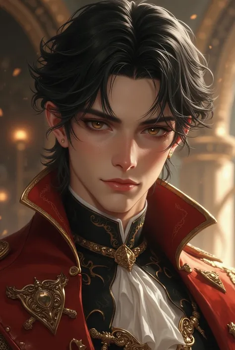 handsome young man. black hair. black eyes with a sharp gaze. wearing luxurious royal clothes.  kingdom, 1boy, High Resolution, Masterpiece, Accurate, Anatomically Correct, Best Quality, Detail, High Details, Quality, Super Detailed, Textured Skin.