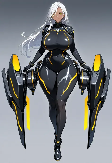 1girl, dark-skinned female, huge breasts, wide hips, thick thighs, white hair,  long hair, yellow eyes, smile, light smile, bodysuit, black bodysuit, futuristic, tech, science-fiction, neon, neon trim, pantyhose, black pantyhose, full body, ((full body)), ...