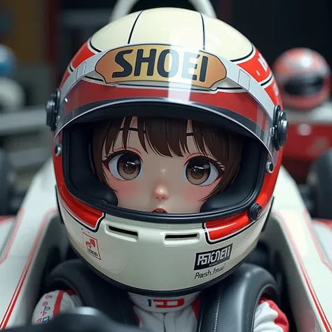 1girl is wearing F1 helmet, (((SHOEI helmet))), (too small narrow face opening area helmet), circuit, ((sitting F1 cockpit)), hard breathing, Japanese girl, cute girl, ((no bangs)), (((racing helmet))), (((fullface helmet:2.0))), (((covered mouth lip))), (...