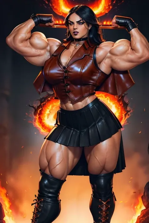 ((Close-up)), tall, (black hair) beautiful muscular woman, long hair, black skinned, smirking, (black lipstick), (massive muscles), (hyper muscle), ((ginormous bulky muscles)), orange eyes, ((((leather vest and long pleated skirt)))), (fire and flame envir...