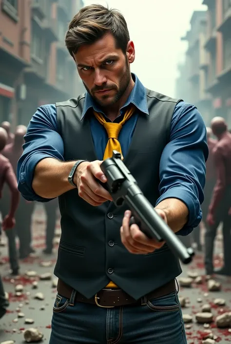 Handsome man dressed in a navy blue shirt with a black vest and a yellow tie carrying a magnum revolver and well armed shooting at zombies on a destroyed street