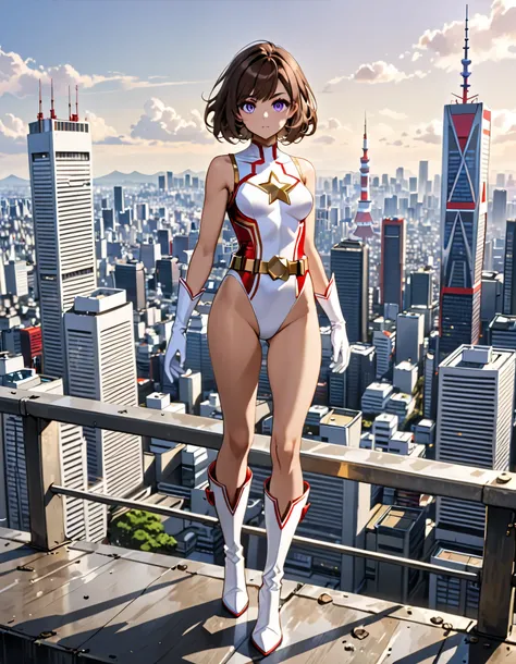 (masterpiece), (best quality), (high res), medium breasts, ((leotard, white and red leotard, matching leotard, sleeveless, bare legs)), ((tight belt, gold belt)), ((boots, matching boots, ankle-high boots, white boots)), ((gloves, white gloves)), city back...