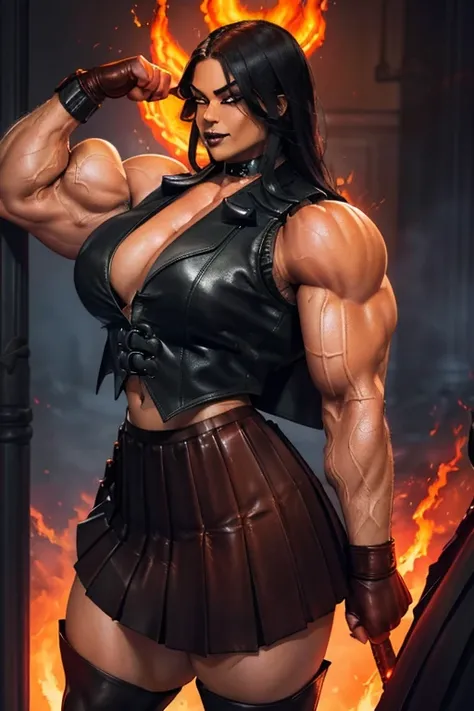 ((Close-up)), tall, (black hair) beautiful muscular woman, long hair, black skinned, smirking, (black lipstick), (massive muscles), (hyper muscle), ((ginormous bulky muscles)), orange eyes, ((((leather vest and long pleated skirt)))), (fire and flame envir...