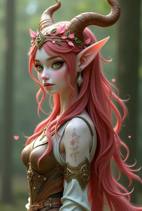 A realistic adult woman of 1 , 60 meters high ,  with thin white skin ,  of a mature but serene appearance .  has long hair, Vibrant red color,  leaves and flowers that flow smoothly up the middle of their back. His horns, brown in color, they are soft and...