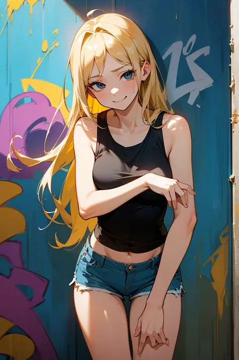 最high quality、best image quality、masterpiece、teenage girl((18-year-old、 By becoming、vest bust、medium bust,wide open breast tea、black eye, blonde hair、Habitual hair、long hair、thin,highest valley、navel black tank top、blue shorts、Holding a spray can、smug face...