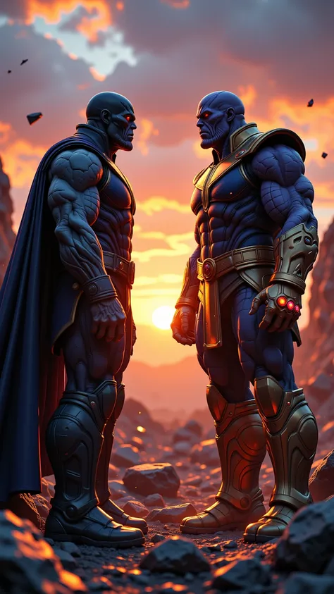 "Darkseid and Thanos standing face-to-face in a cosmic confrontation, their powerful and imposing figures exuding tension and dominance. Darkseid on the left, with his iconic glowing red Omega Beam eyes, a stone-like gray skin texture, and dark blue and si...