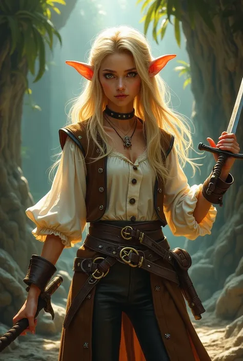 Photo of a beautiful elf with long flowing blond hair, dressed as Guybrush Threepwood from the video game Monkey Island,  with a scimitar in his hand 