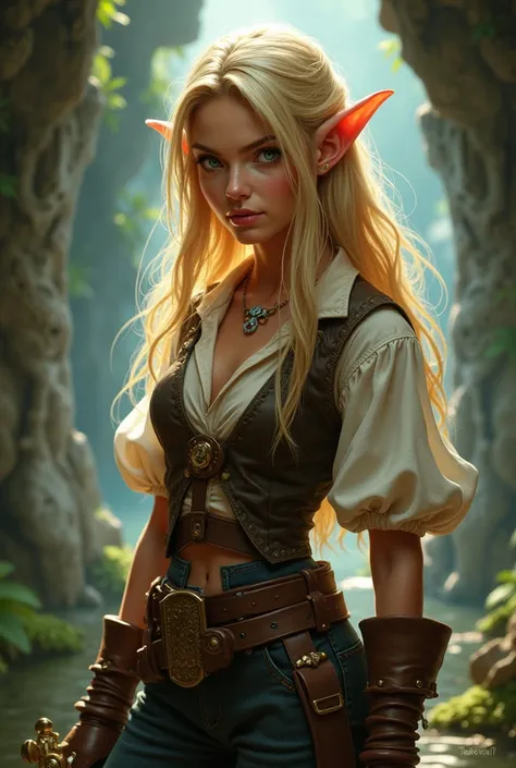 Photo of a beautiful elf with long flowing blond hair, dressed as Guybrush Threepwood from the video game Monkey Island,  with a scimitar in his hand 