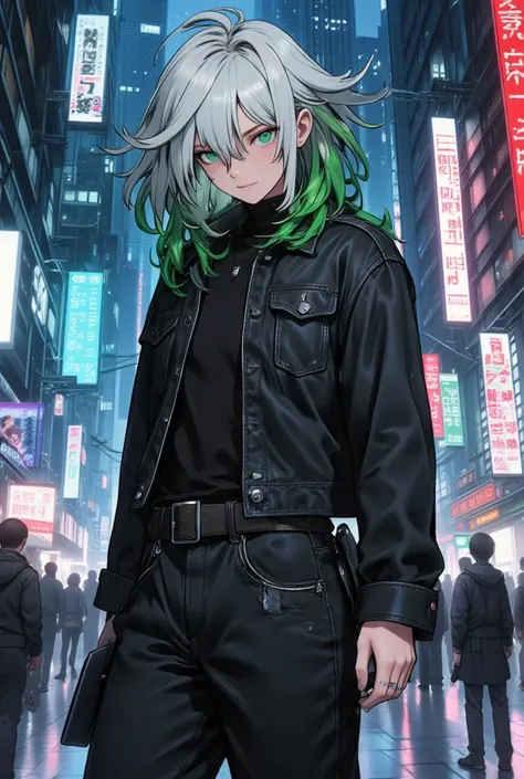 1male, Deep Sea Green Eyes, White Medium Length Hair with Green Dyed Tips, Messy Hair, Undertone Hair, Night City, Baggy Jeans, Big Belt, Multiple Belts, Slanted Belt, In the style of sifu, Facial Piercing 