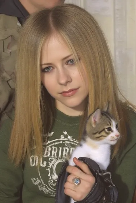 (oil painting on canvas))) , Stil renoir , masterpiece, Avril Lavigne, (Beste Illustration), (best shadow), (Realistic lighting), beautiful detailed glow , Front ,Portrait ((( photographic perspective of her))) holding cat on arm