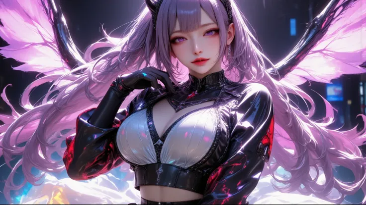 One young and beautiful woman,(Best Quality, Extremely Detailed Description , Incredibly Absurd Hi-Res,High quality anime drawings:2.0),(「Cyber Devil Maid 」 Japanese Actress in a Villain Costume ),( Action Poses Like a Sci-fi Hero Show ),( and futuristic e...