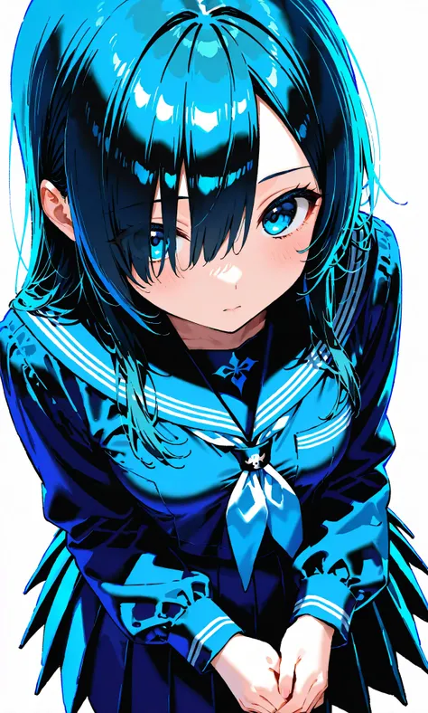  small breasts，Eyes with highlights，  blue eyes，Long black hair with volume，Black clothes， Black Pleated Skirt， high resolution， white background，hair over one eye，from above, looking down，own hands together，look at viewer