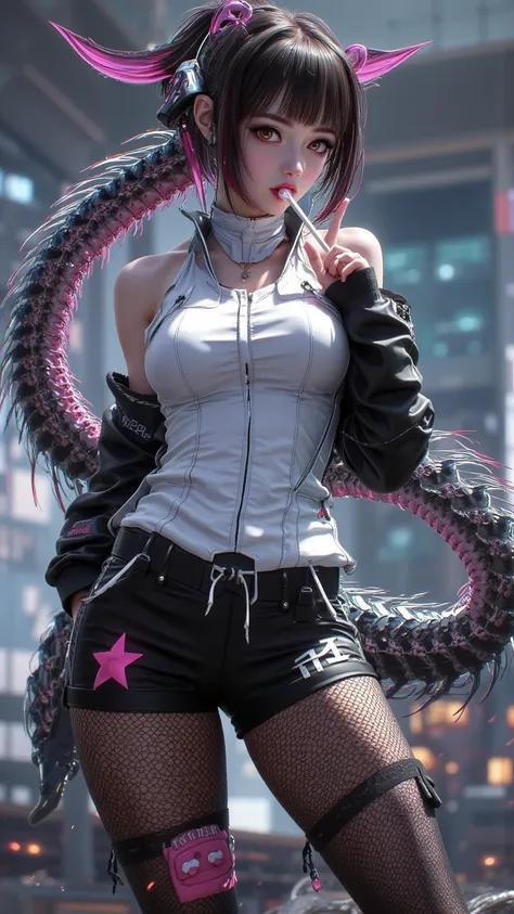 masterpiece,best quality,highly detailed,1girl,bandaid,shorts,leggings,loli,expressionless,gigantic_breasts,holding lollipop,v,short_ponytail,classroom,yun jin (genshin impact),fishnet pantyhose,overall view,,cyberpunk city,realistic,Perfect female body,so...