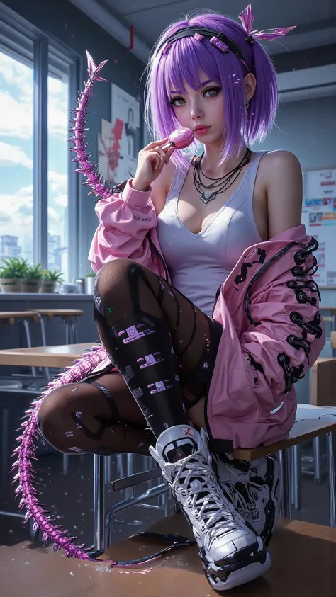 masterpiece,best quality,highly detailed,1girl,bandaid,shorts,leggings,loli,expressionless,gigantic_breasts,holding lollipop,v,short_ponytail,classroom,yun jin (genshin impact),fishnet pantyhose,overall view,,cyberpunk city,realistic,Perfect female body,so...