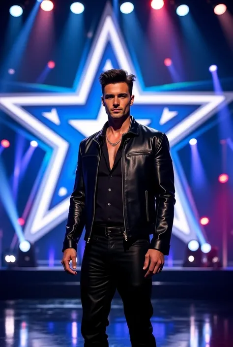 A stunning male performer stands on the America’s Got Talent stage. He has thick eyebrows and sharp, well-defined facial features, with slightly tousled, naturally styled hair. His outfit is a perfect blend of glamour and sophistication—a sleek black leath...