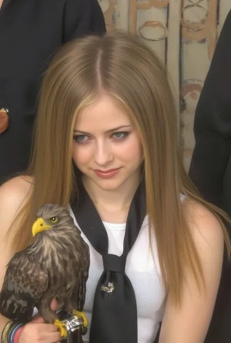 (oil painting on canvas))) , Stil Renoir , masterpiece, Avril Lavigne, (Beste Illustration), (best shadow), (Realistic lighting), beautiful detailed glow , Front ,Portrait ((( photographic perspective of her))) holding eagle