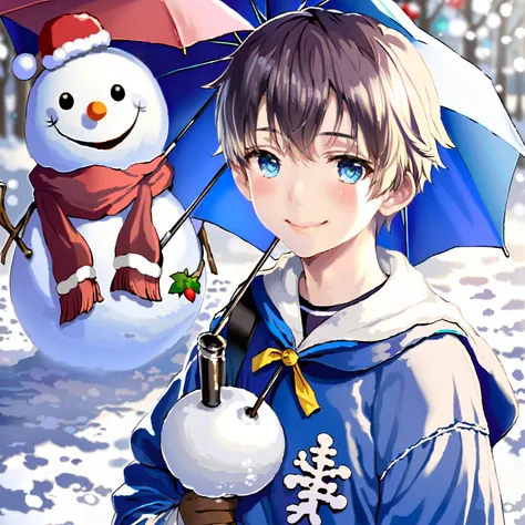 (8k,  RAW Photo , top quality,  high resolution:1.1), ( super real:1.6)In the snow, a teenage junior high school student wears a blue sailor suit, holds an umbrella, and greets the snowman on his way to school、( bright expression )( smiles)