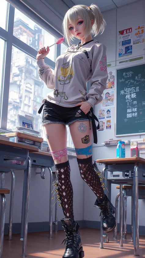  Masterpiece， Best Quality ， very detailed， 1girl ，Creative stickers，shorts，Leggings ，loli， Expressionless face ， huge breasts， Holding Lollipop ，v，short ponytail，classroom，Cloudy （Genshin Impact）， fishnet socks ， Overall View ，， Cyberpunk City ，Reality， P...