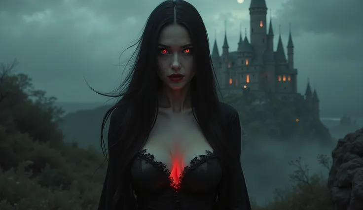 a ( obra-prima extremamente detailed) of one female Vampire with her flowing long straight black hair ad  medium breasts  wearing sexy Vampire attire,   Seductively Posing  , (  very detailed (bright) eyes:1.2), ( medium breasts :1.5), ( cleavage), (Klae H...