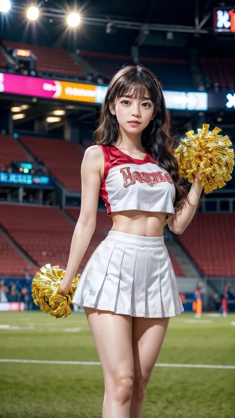 A beautiful young Japanese woman, 20 years old, with perfect anatomy, healthy thighs, beautiful feet, flawless skin, random hair color and style, large bust, (she is standing:1.2), wearing a cheerleader uniform with micro-pleated miniskirt, in a full body ...