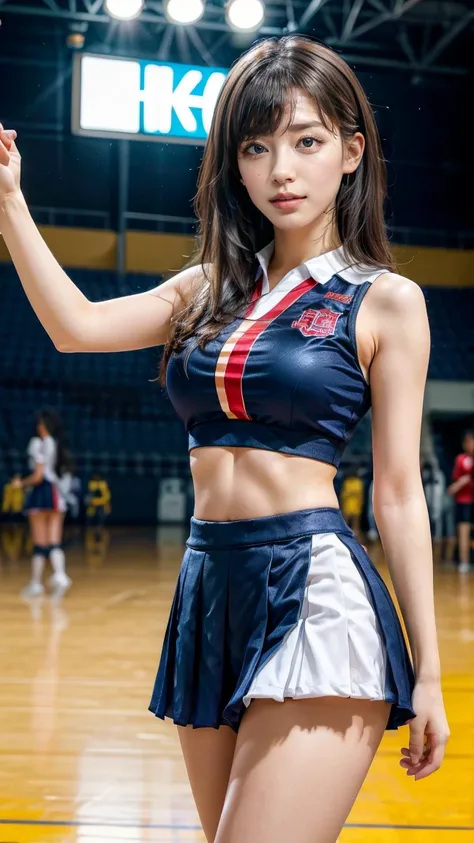 A beautiful young Japanese woman, 20 years old, with perfect anatomy, healthy thighs, beautiful feet, flawless skin, random hair color and style, large bust, (she is standing:1.2), wearing a cheerleader uniform with micro-pleated miniskirt, in a full body ...