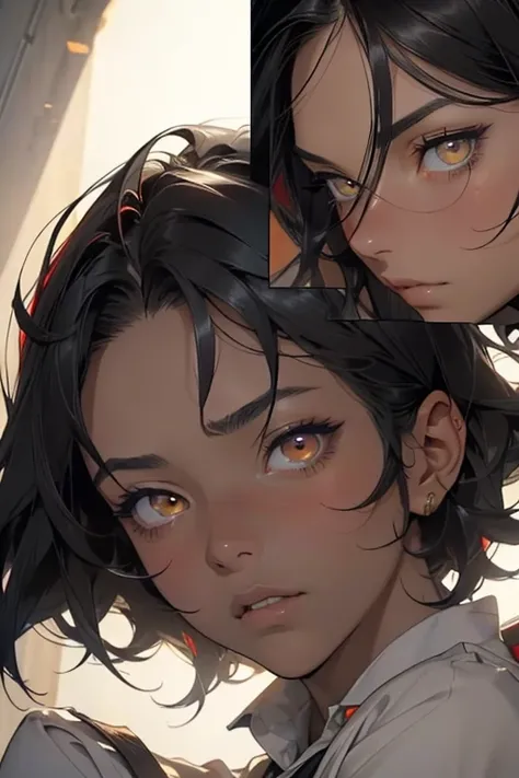 	 Masterpiece,   super quality next to each other ,  very detailed, Beautiful age boy ,  anime style,  confident look,  symmetrical face at school, short black hair,  warm dark skin tone  ,   dark yellow eyes tilted slightly upward,  red eyeliner under eye...