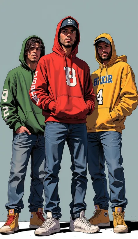 3 characters posing as a gangster in sweatshirts, jeans and sneakers 