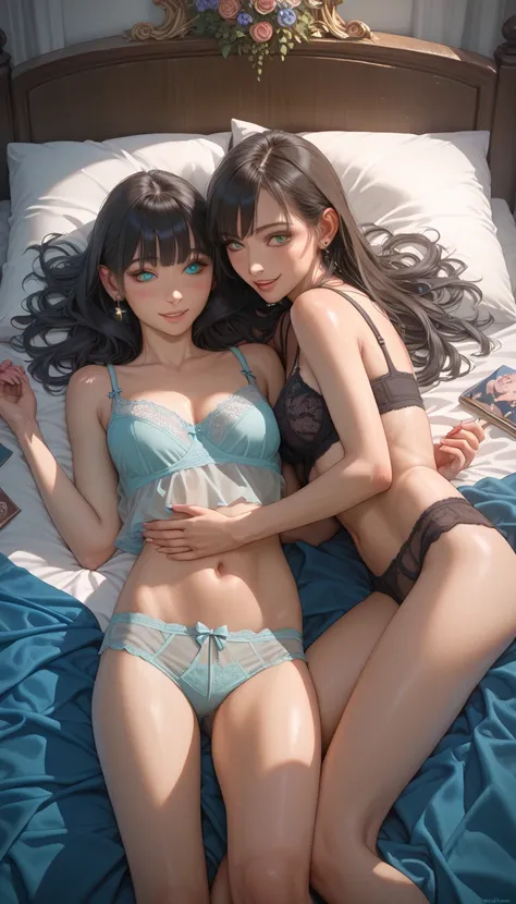 ( best illustration ,  Masterpiece, nsfw)  bedroom bed, Lots of disheveled bras ,  two married women hugging each other on the bed,  see-through camisole, lace micro underwear,  lesbian , Naughty smile