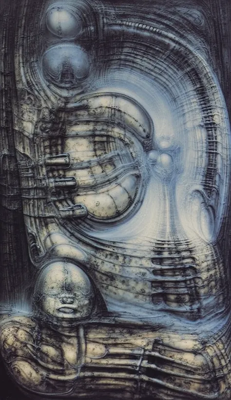 DARK BLACK COLORS, Giger_style, H. R. Giger's g1g3r, , Giger_style, The image is a detailed view of H.R. Giger's \" HRG Aleph \" plate, featuring ( The image depicts a surreal, intricate artwork featuring two humanoid figures with mechanical or industrial ...