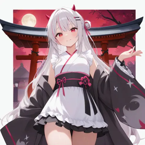 「 cute anime style demon girl 。 it features red eyes and small horns 、 long, fluffy silver hair （or pink hair ）。 and smiles with a slightly shy expression。 wearing a kimono-style mini dress 、 with frills on the cuffs 。 big iron club on their hands （with th...