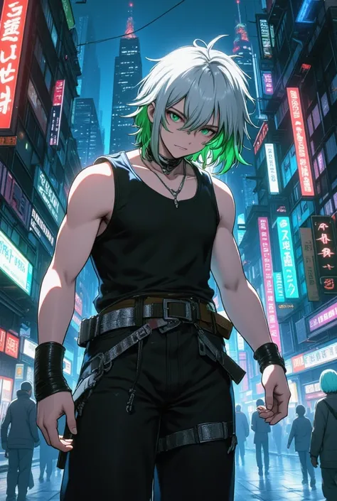 1male, Deep Sea Green Eyes, White Medium Length Hair with Green Dyed Tips, Messy Hair, Undertone Hair, Night City, Baggy Jeans, Big Belt, Multiple Belts, Slanted Belt, In the style of sifu, Facial Piercing