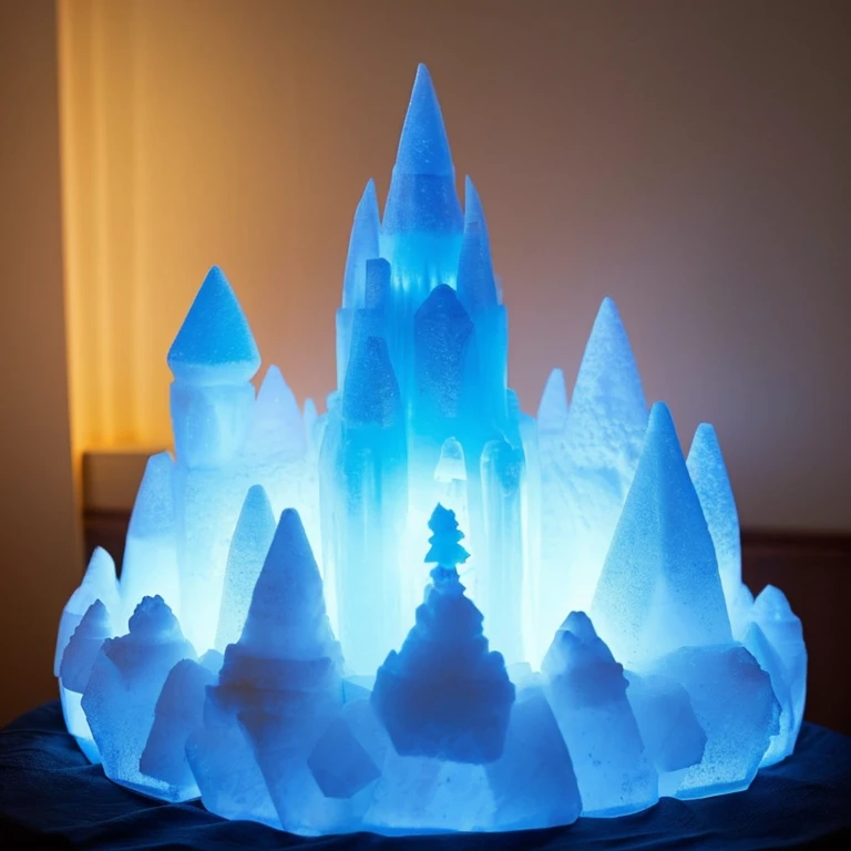 An ice castle made of ice sculptures、Shines in seven colors when illuminated by the sun