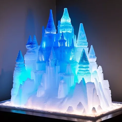 An ice castle made of ice sculptures、Shines in seven colors when illuminated by the sun