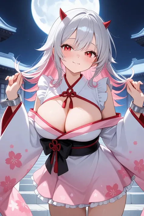 「 cute anime style demon girl 。 it features red eyes and small horns 、 long, fluffy silver hair （or pink hair ）。 and smiles with a slightly shy expression。Big Breasts。 wearing a kimono-style mini dress 、 with frills on the cuffs 。 in the background is a sh...