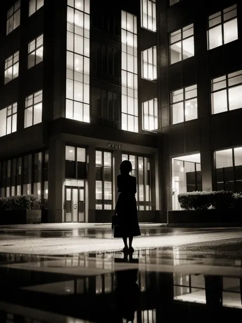 A woman stands in front of an office building at night, the reflection on the ground, silhouette photography, double exposure, sepia tone, blurry foreground, monochrome color scheme, minimalism, high-contrast lighting, and a mysterious atmosphere.